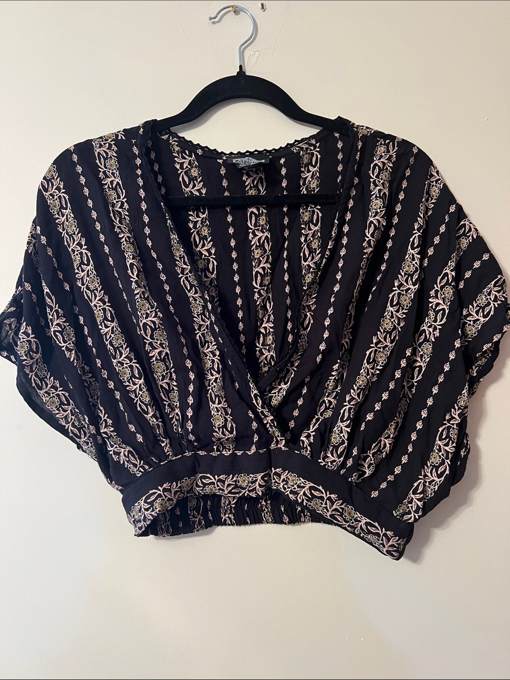 Angie Black Top with Cream Floral Embroidery